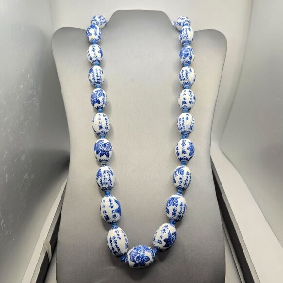 VTG Chinese Export Blue & White Porcelain Bead Necklace 26" Handtied Silk String - Picture 13 of 13